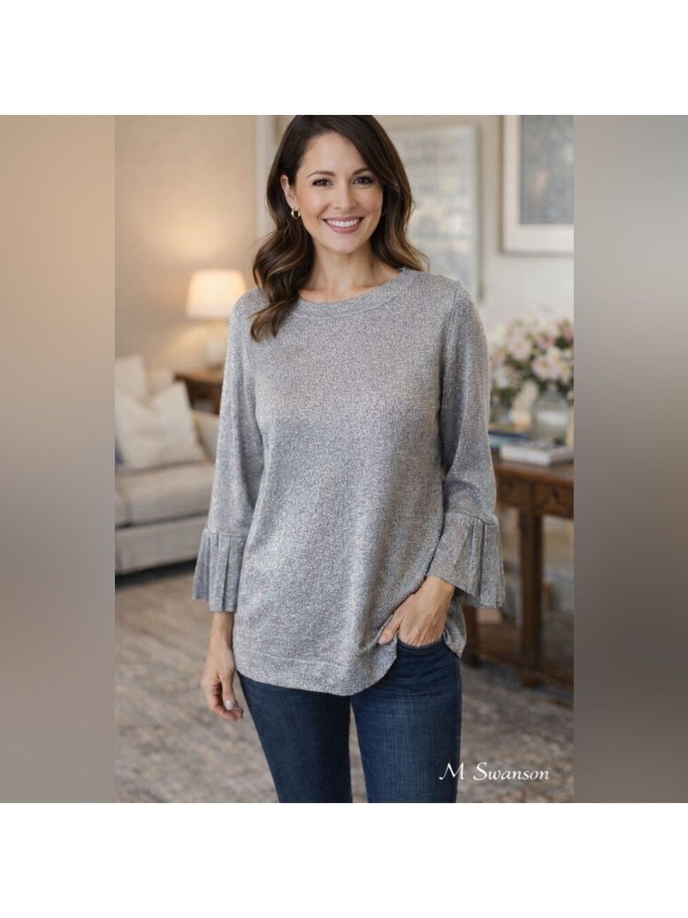 Melissa Paige Metallic Knit Sweater Large Petite Silver Bell Sleeve NWT